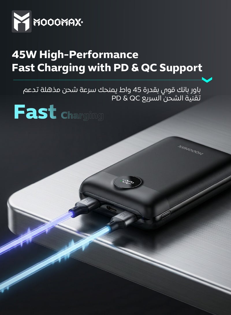 موجماكس باور بنك سوبر سمول سايز بسعة 20000mAh وقوة 45واط (موزعة على المنافذ)، يدعم الشحن السريع ,مزود بشاشة رقمية LED لمعرفة مستوى الشحن، يمكن استخدامه على الطائرات والقطارات. باللون اسود من موجماكس. - Image 5